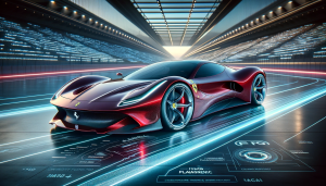 DALL·E 2023-11-17 08.47.38 - Photorealistic image of the final Ferrari model, the Stellare Finale. The car's design features a fluid, aerodynamic body with sharp, aggressive lines.png